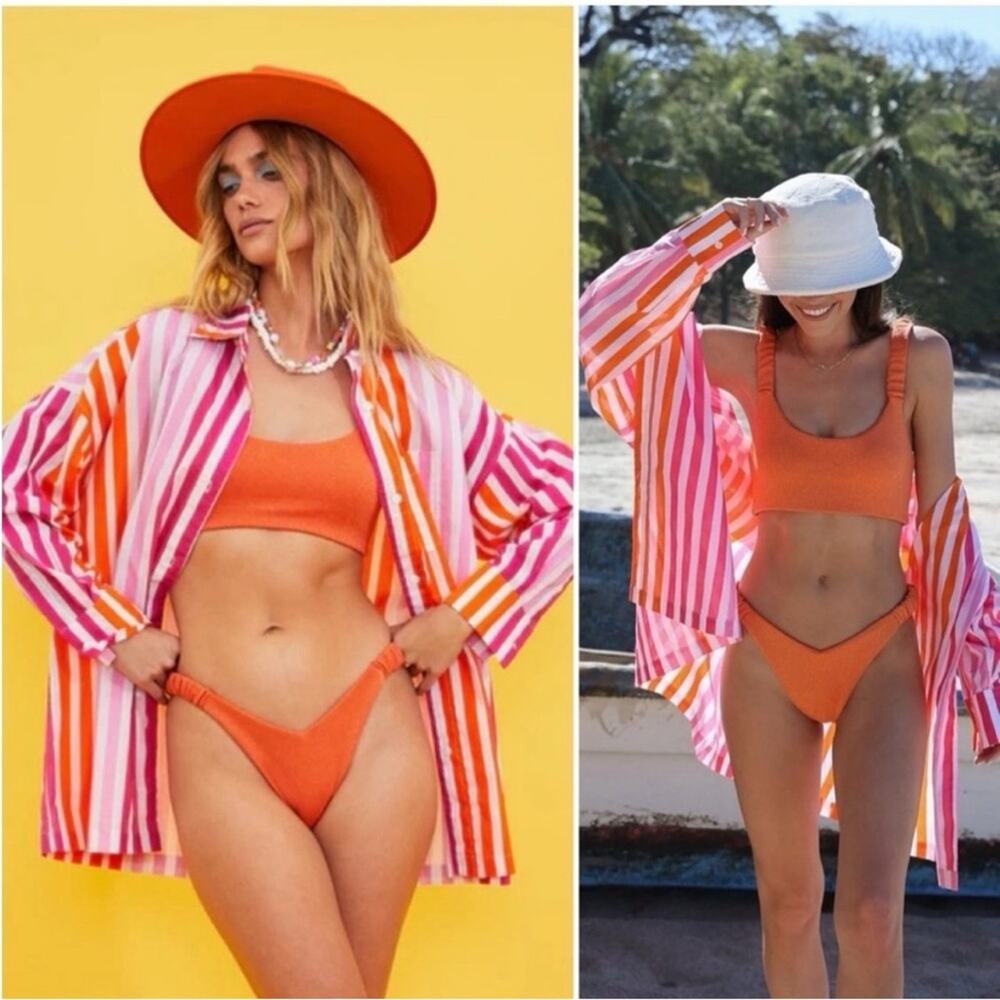 NWOT Beach Riot Alexa Button Down Shirt Coverup Pink Orange Sunset Stripes S / M